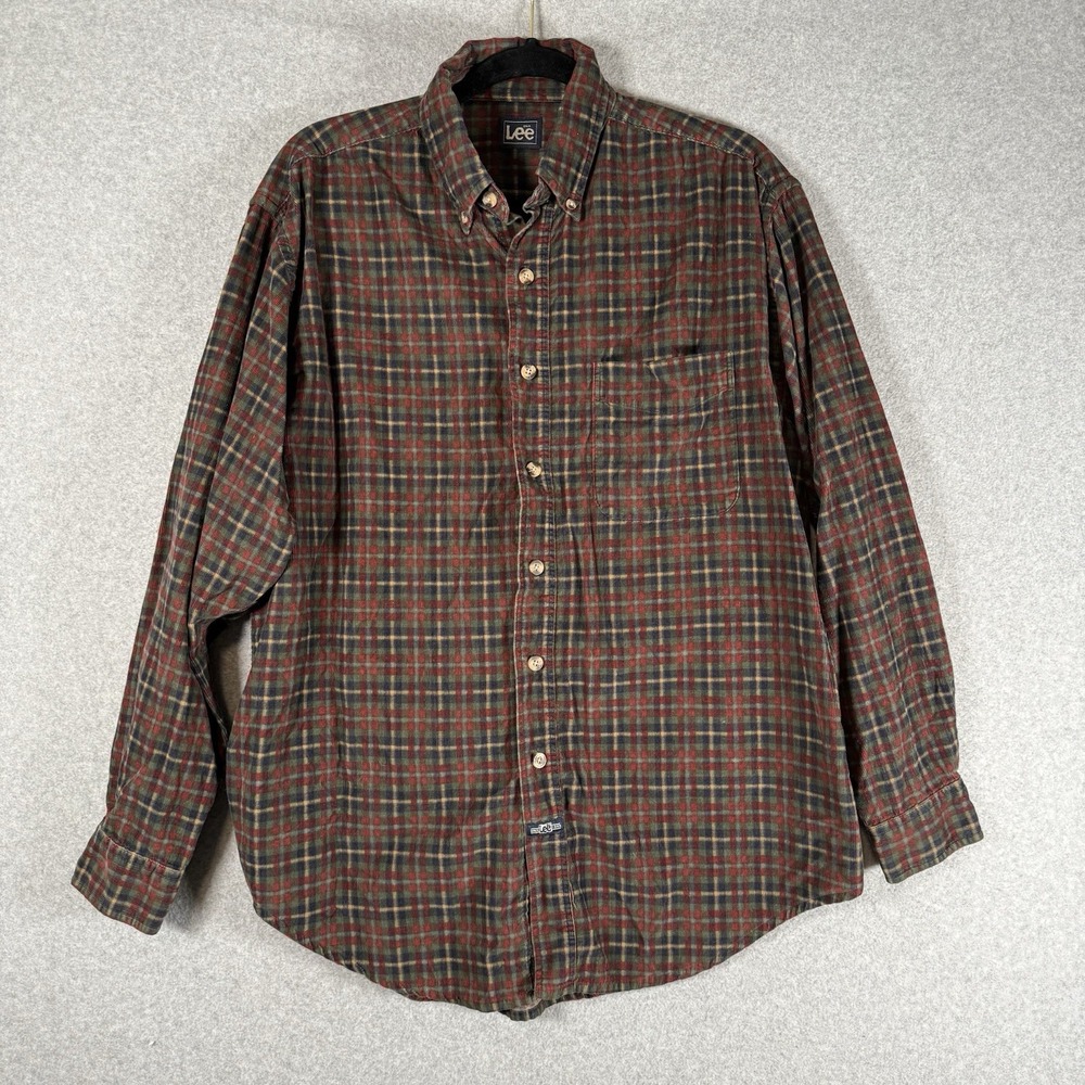 Lee shirt mens medium plaid micro corduroy button up vintage red green blue